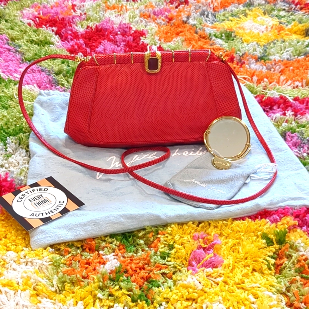 Judith Leiber Evening Bag in Red Karung Snakeskin with Pocket Mirror